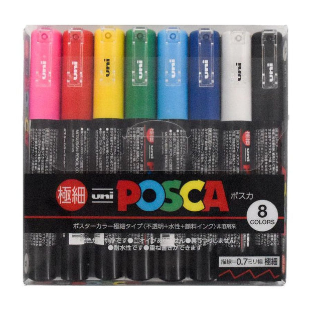 Uni POSCA Paint Marker Pen Set of 8 - Ultra Fine 0.7mm