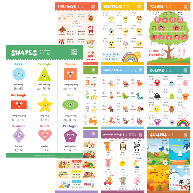 Cute Bilingual Chinese-English Poster Set (Traditional Chinese and Zhuyin) 可愛中英文幼兒學習海報