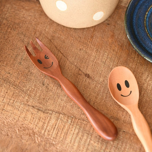 Smile Wooden Kids Cutlery Spoon + Fork Set 日本松木微笑幼兒叉匙組